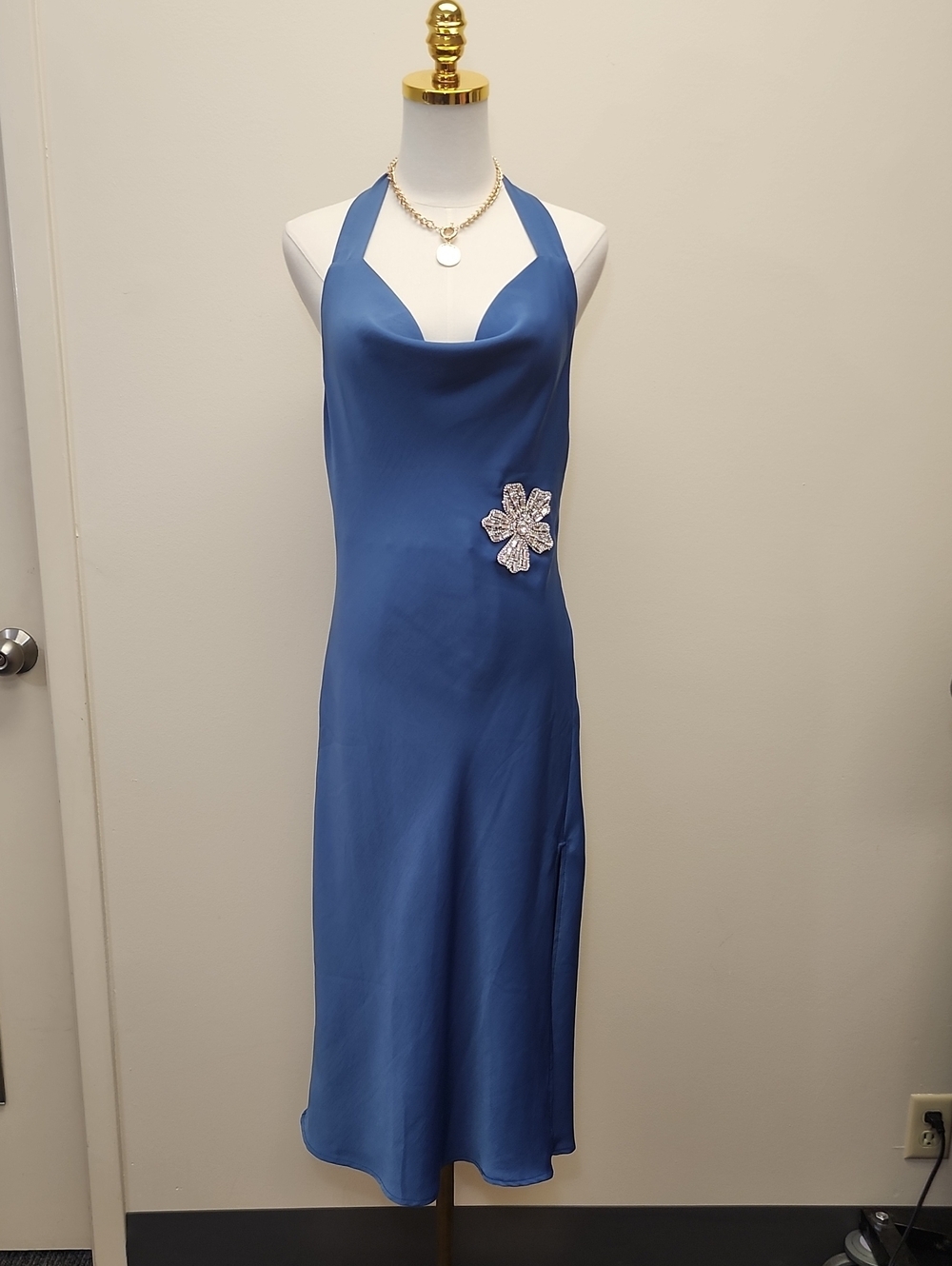 Lulus Blue Halter Cowl Neck Midi Dress Beaded Open Back Size Large